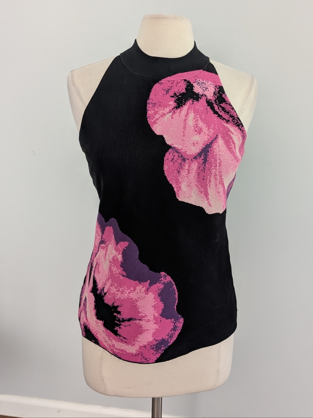 Women's WHBM Sweater Material Black Pink Halter Floral Orchid Tank Medium